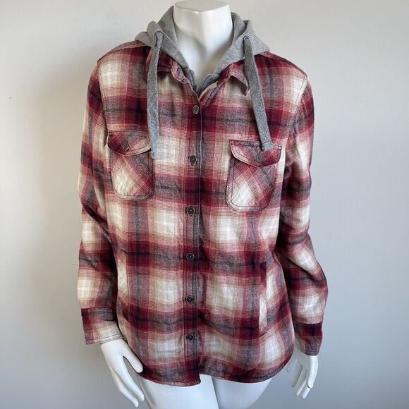 Natural Reflections Sherpa Lined Hoodie Shirt Jacket Womens L Red Plaid Flannel - Picture 2 of 16